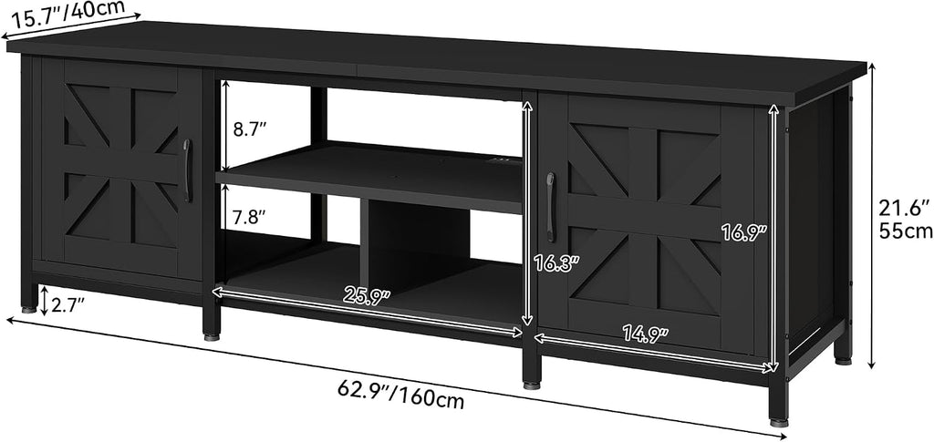 DWVO Farmhouse TV Stand with Power Outlet & LED Lights, TV Consoles for TVs up to 70'', Entertainment Center with Storage Cabinets for Living Room, Black