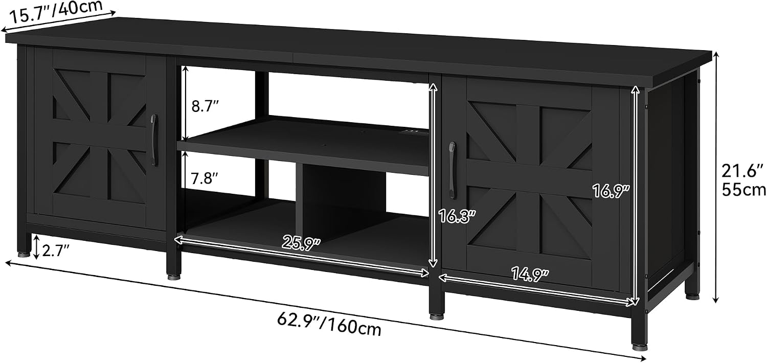 DWVO Farmhouse TV Stand with Power Outlet & LED Lights, TV Consoles for TVs up to 70'', Entertainment Center with Storage Cabinets for Living Room, Black