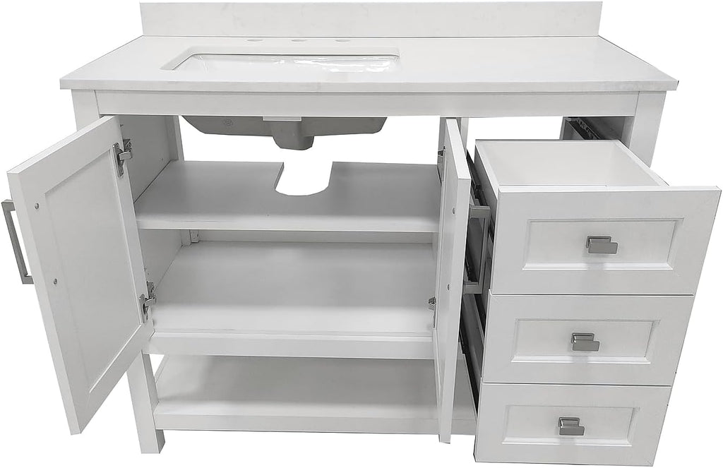 Flash Furniture Vega 42 Inch Bathroom Vanity with Sink, Storage Cabinet with Soft Close Doors, Open Shelf and 3 Drawers, Carrara Marble Finish Countertop, White/White
