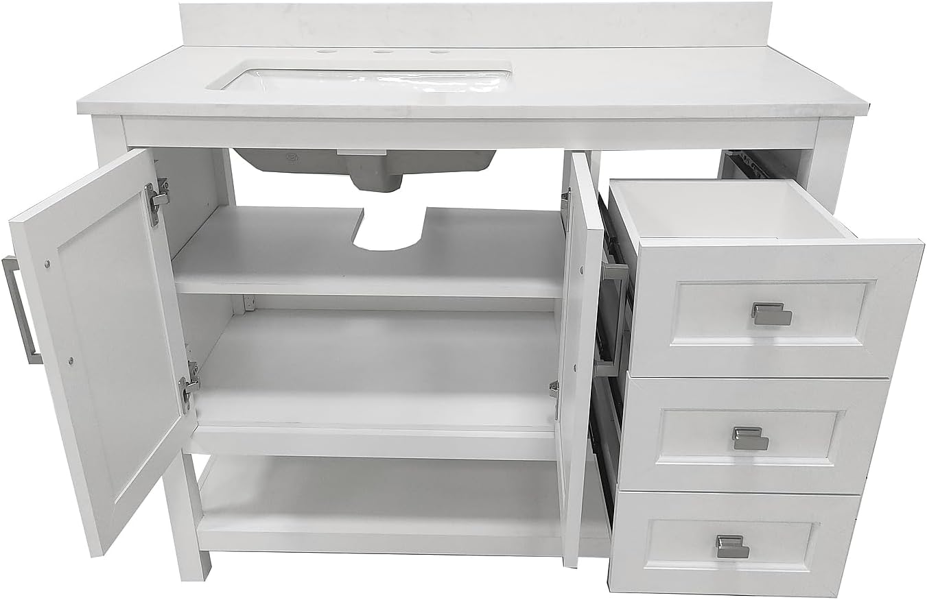 Flash Furniture Vega 42 Inch Bathroom Vanity with Sink, Storage Cabinet with Soft Close Doors, Open Shelf and 3 Drawers, Carrara Marble Finish Countertop, White/White