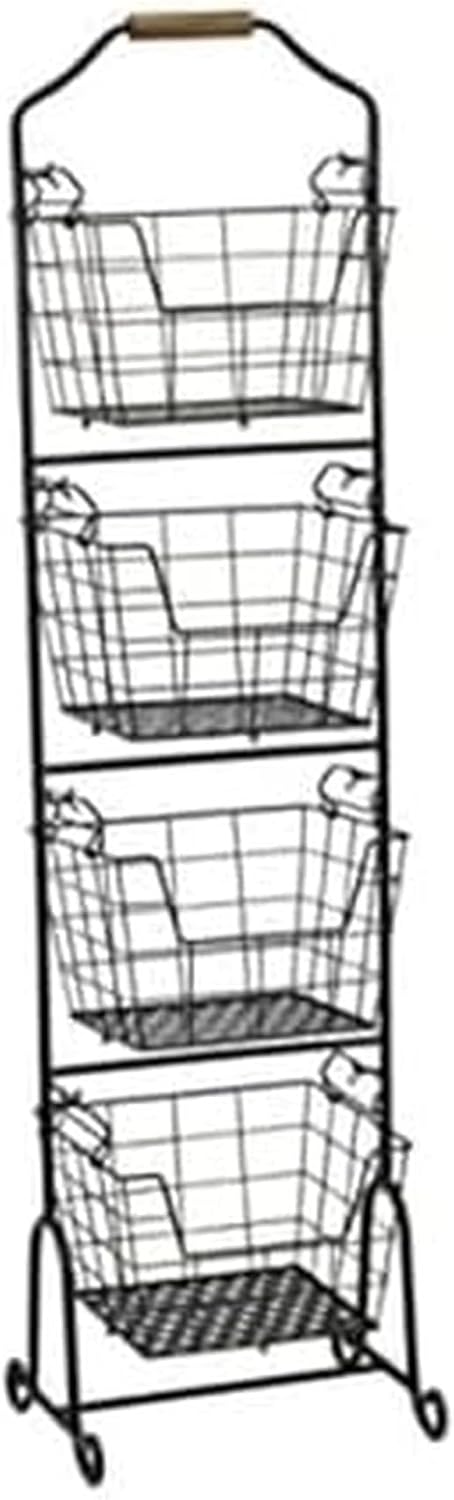Mikasa Gourmet Basics Ferme 4-Tier Market Basket - Antique Black Wire and Acacia Wood Handle, Kitchen Fruit Vegetable Storage Organizer, 13.5 x 11.5 x 51 Inches