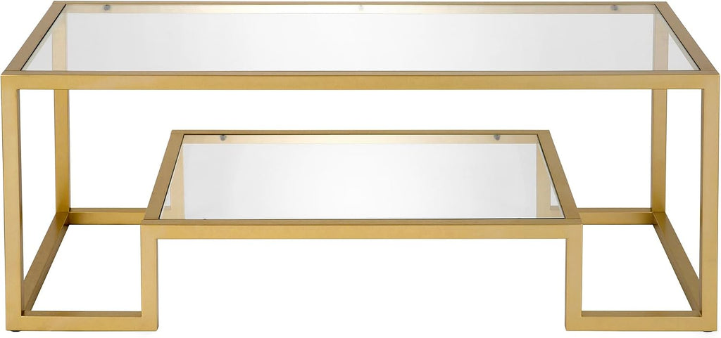 Henn&Hart 45' Rectangular Coffee Table with Glass Top and Raised Lower Shelf for Living Room, Family Room, or Office, Gold