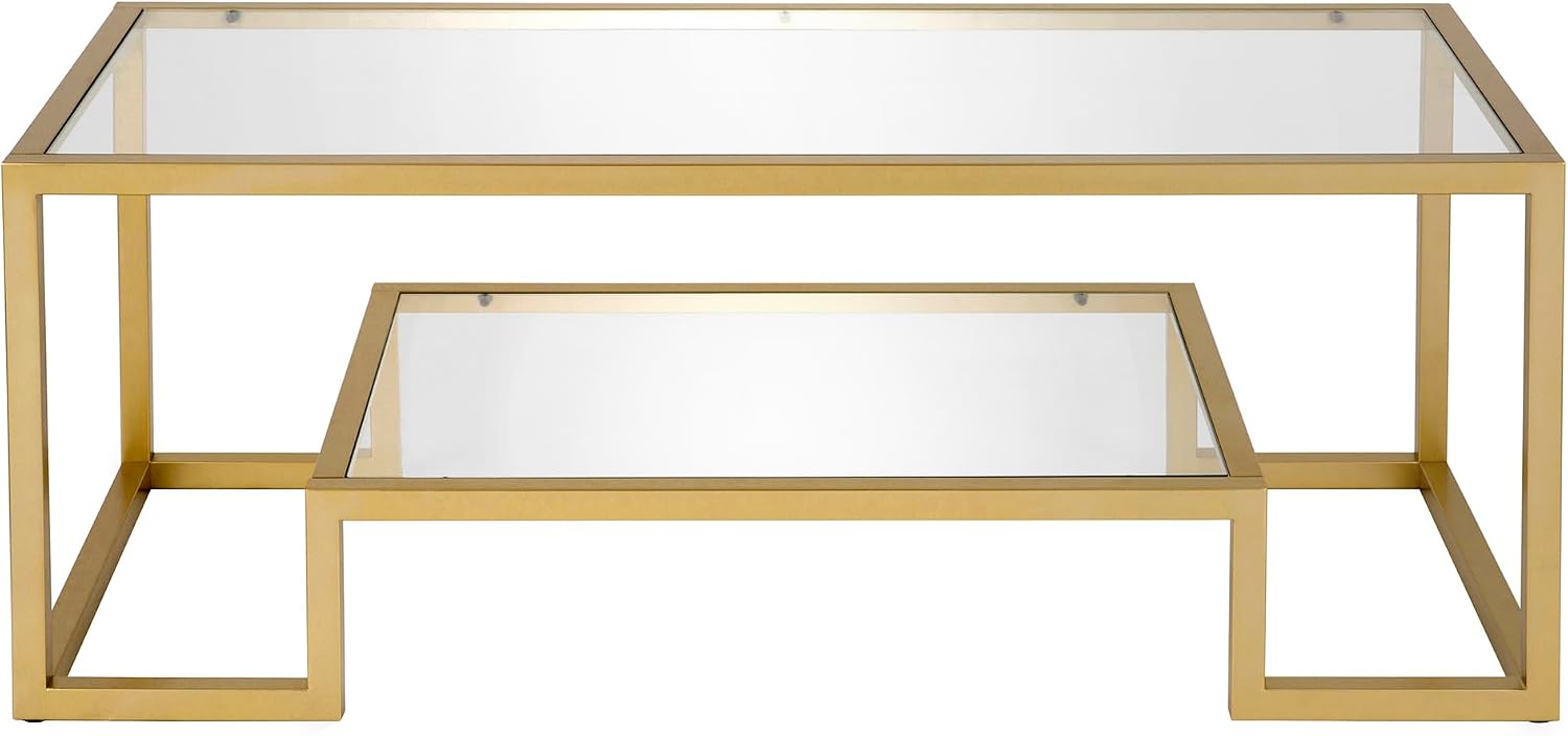 Henn&Hart 45' Rectangular Coffee Table with Glass Top and Raised Lower Shelf for Living Room, Family Room, or Office, Gold