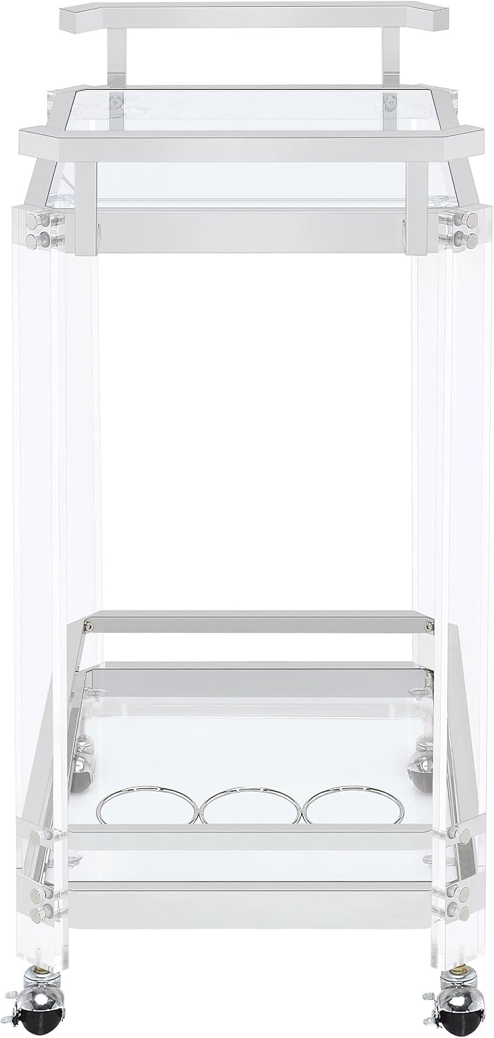 Coaster Home Furnishings - Jefferson - 2-Tier Acrylic & Metal Bar Cart with Wheels - Glass Shelf, Stemware Rack, Wine Bottle Holders - Contemporary - Dining Room - Clear & Chrome - 902589