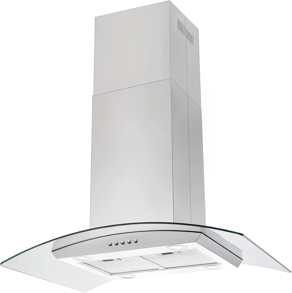 JOEAONZ Island Range Hood 36 inch 700 CFM, Ceiling Mount Kitchen Vent Hood Ducted/Ductless Convertible, 4 LED Lights 5-Layer Filters Extractor Stove Exhaust Fan, Curved Tempered Glass Stainless Steel