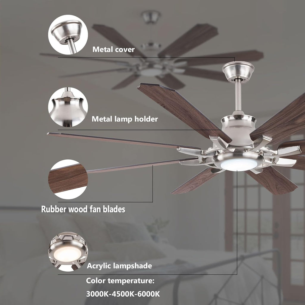 Ceiling Fans with Lights, 60 Inch Modern Low Profile Ceiling Fan with Remote Control 6 Speeds, 3000-6000K Dimmable Timing (1/2/4 hours) 8 Blades Large Ceiling Fan for Indoor and Outdoor Bedroom Patios