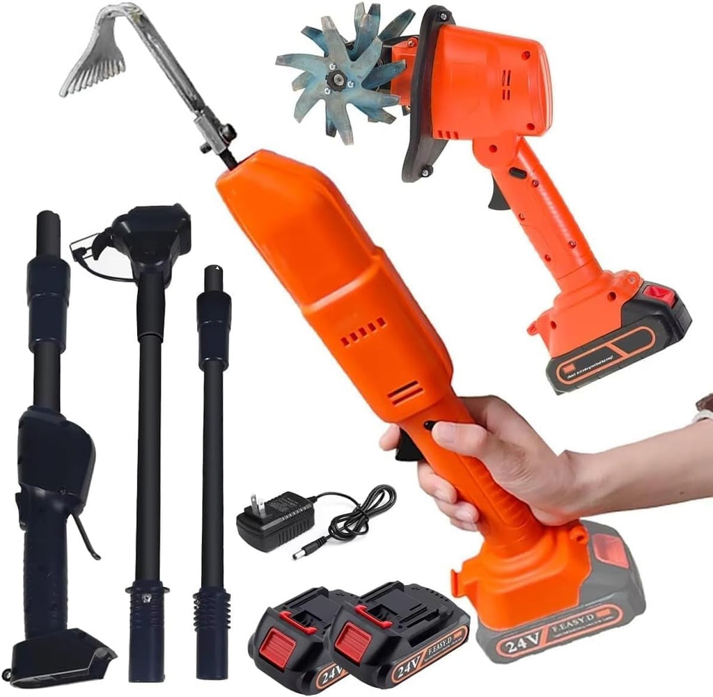 Cultivator Hoe,Cordless Electric Garden Tiller,Electric Digging Hoe Hand,2-in-1 Gardening Tools & Rake,with Rechargeable Lithium Battery & Telescopic Pole,for Loosening Soil and Weeding