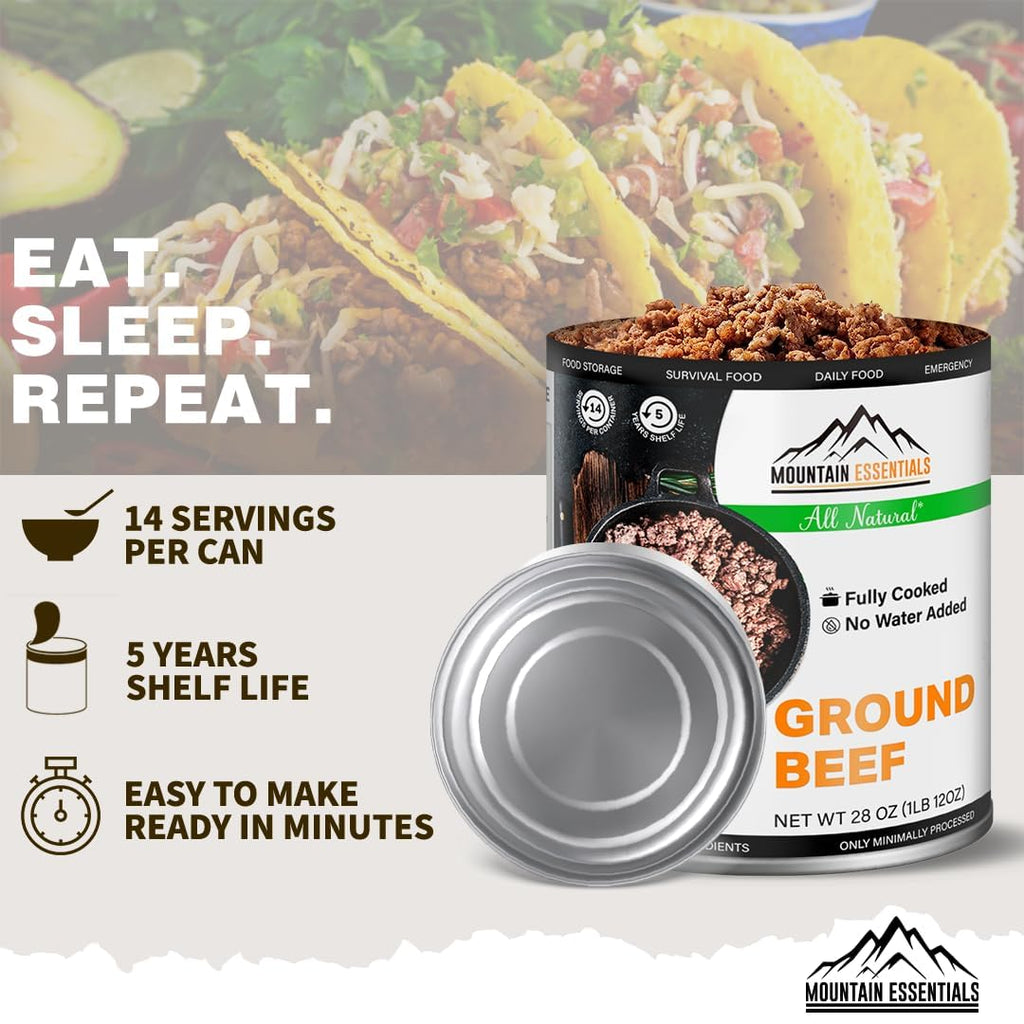 MOUNTAIN ESSENTIALS Canned Meat Sampler Pack 28 Oz – 1 Can Each of Chicken, Turkey, Pork, Beef & Ground Beef – Fully Cooked, Ready to Eat – Pantry Staples for Daily Use & Emergency Meals – 5 Cans