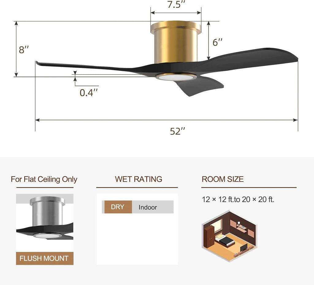 OFANTOP 52 Inch Smart Ceiling Fan with Light and Remote, Indoor 3 Blade Black Gold Flush Mount Modern Ceiling Fan for Bedroom Living Room