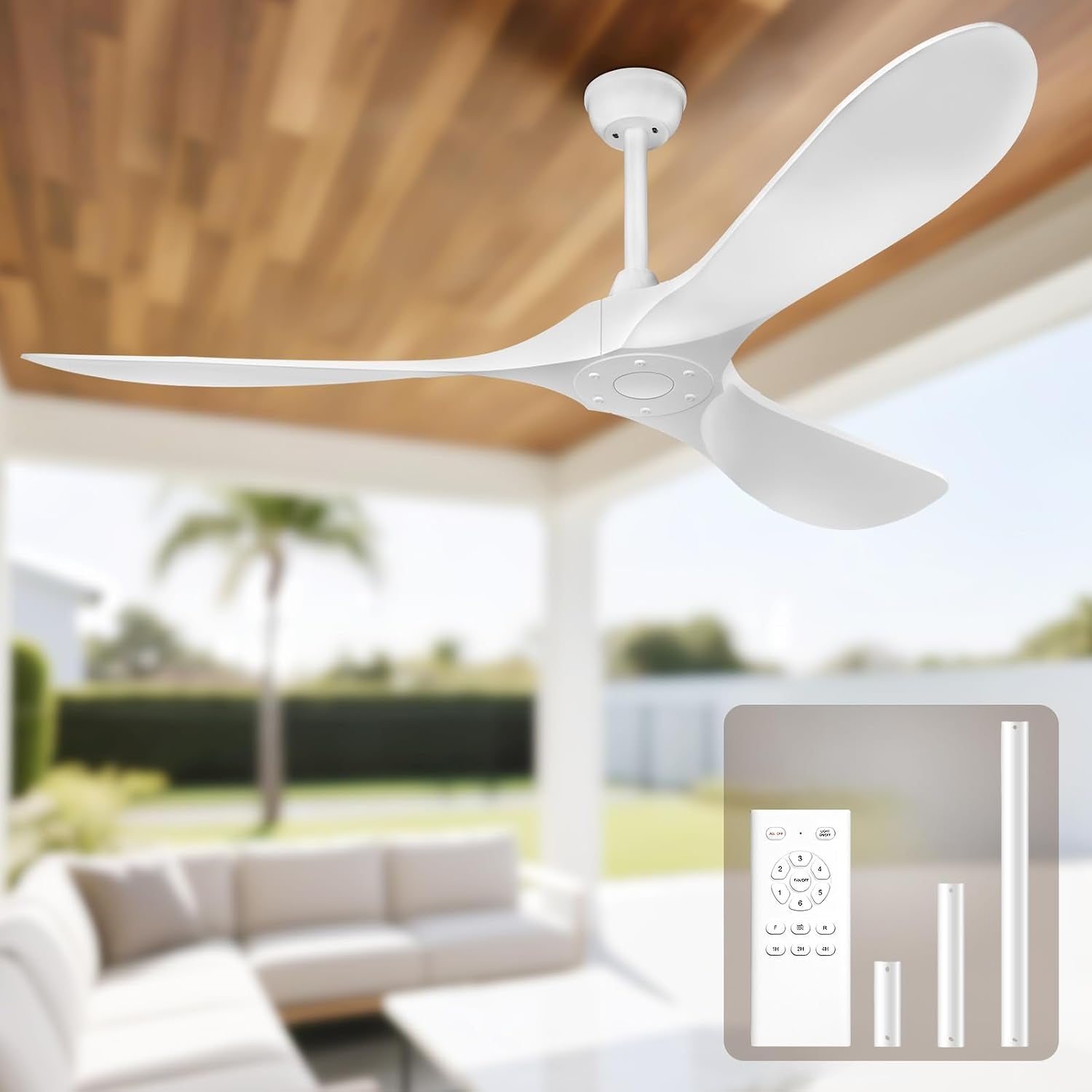 Obabala 60 Inch Ceiling Fan Without Lights, White | Outdoor Ceiling Fan with Remote, 6-Speed Adjustable Reversible DC Motor for Patio & Living Room