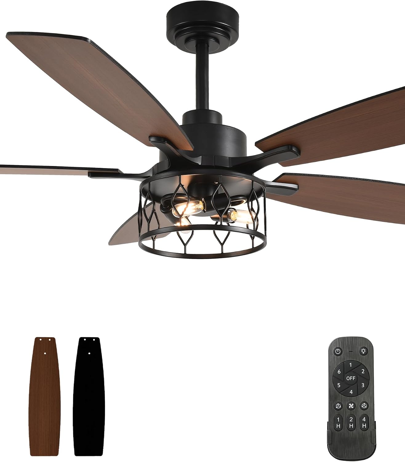 Rustic Ceiling Fan with Lights and Remote, Large Farmhouse Ceiling Fan Caged Fandelier Chandelier, Reversible Quiet DC Motor 6 Speeds for Living Room (Black Cage, 52 Inch)