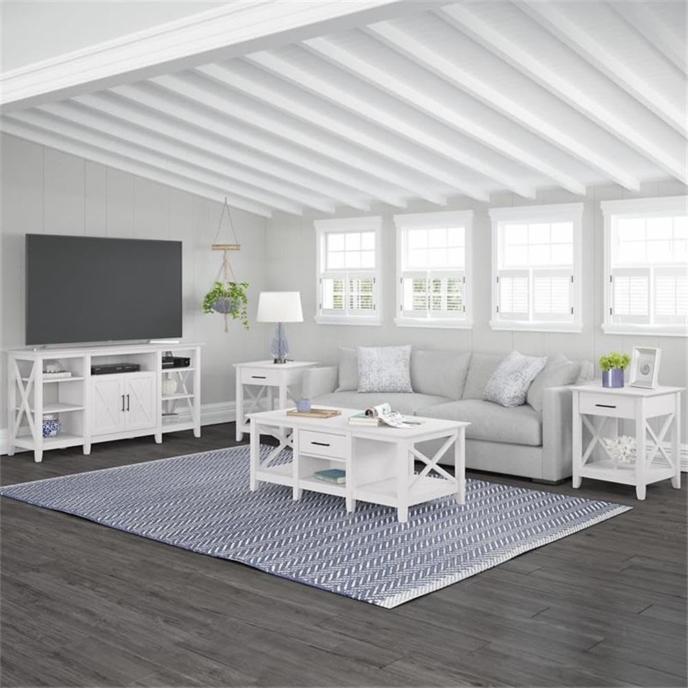 Bush Home Key West Tall TV Stand with Coffee Table and Set of 2 End Tables in Pure White Oak