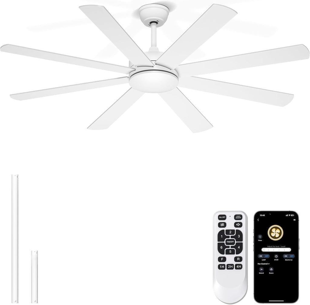 60 Inch Ceiling Fans Without Lights - 8 Blades White Ceiling Fan Remote/APP Control, Reversible Garage Ceiling Fan for Shop Living Rooms