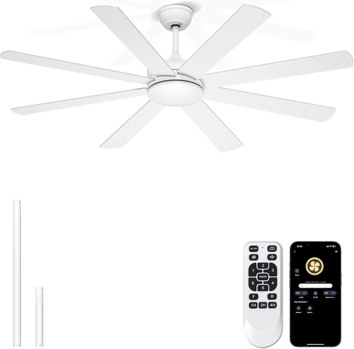 60 Inch Ceiling Fans Without Lights - 8 Blades White Ceiling Fan Remote/APP Control, Reversible Garage Ceiling Fan for Shop Living Rooms