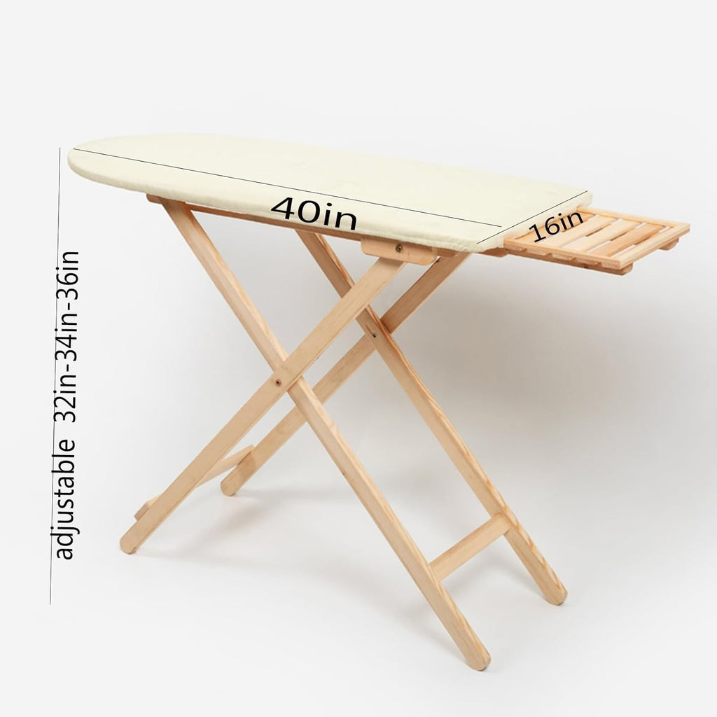 Premium Solid Wood Ironing Board with Foam Pad & Cotton Cover, Adjustable Height for Home Use(Log)
