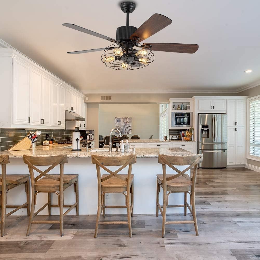 52Inch Industrial Ceiling Fan with Light, Vintage Metal Cage Ceiling Fans Reversible Retro 5 Wood Blades Remote 3 Speeds Timer Light Fixture for Living Room Farmhouse Dining Room Kitchen