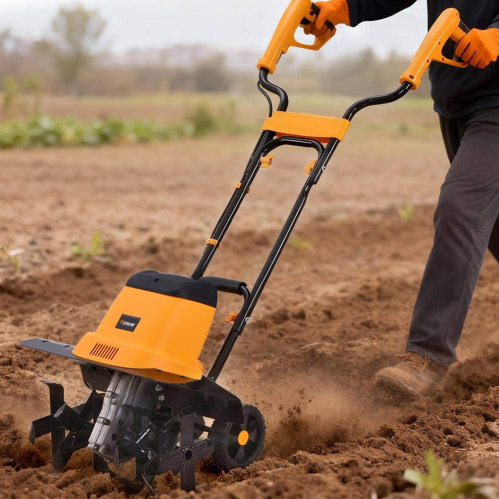 Hoteche Electric Tiller, 1400W 330RPM with 430MM Working Width & 200MM Depth, 6 Steel Blades, Orange & Black, Color Box