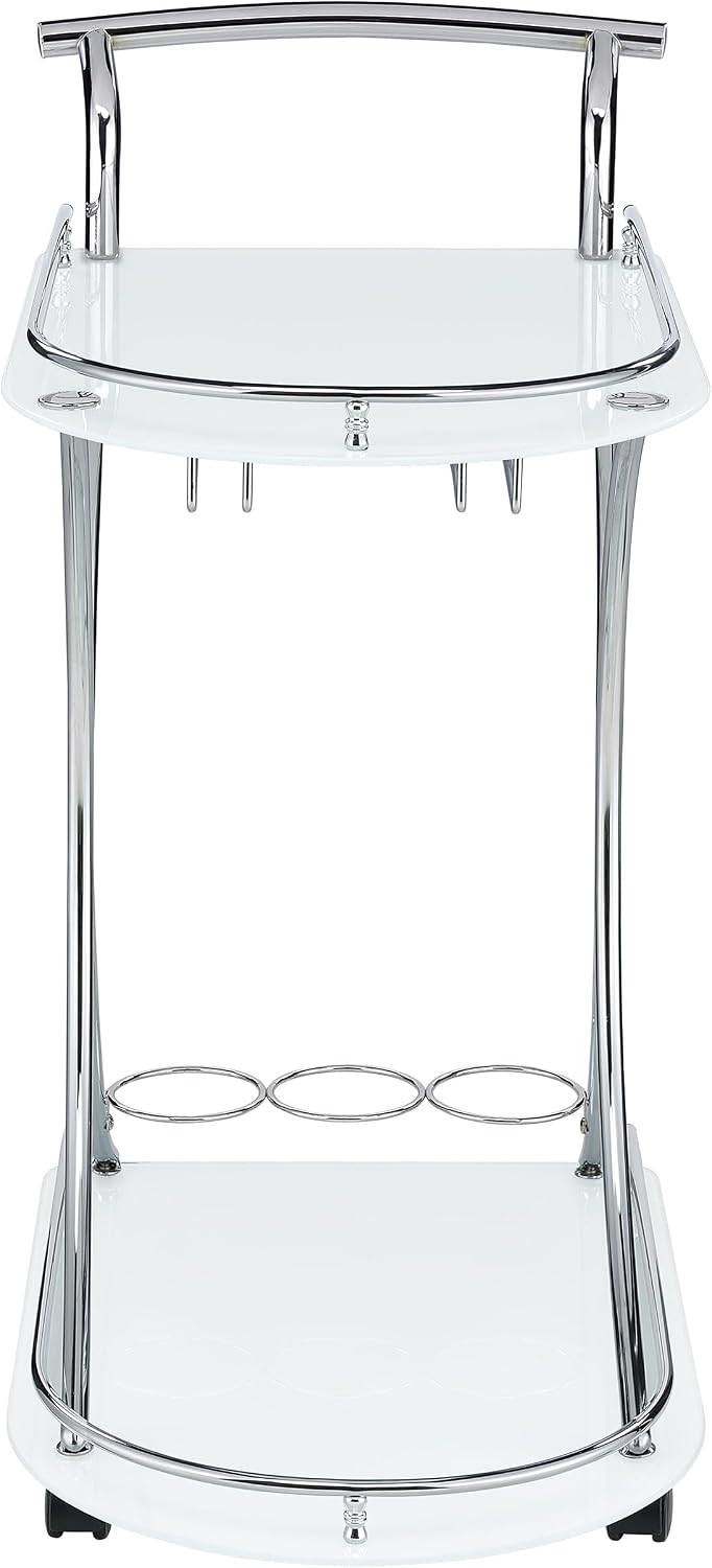 Coaster Home Furnishings Elfman 2-Tier Glass Shelf Metal Bar Cart White and Chrome 910002