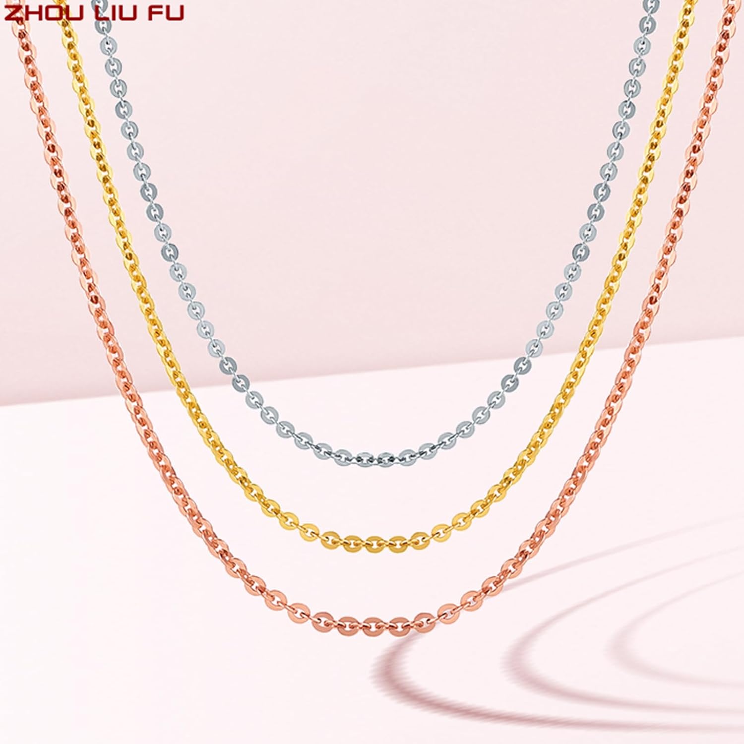 ZHOU LIU FU 18K Gold Chain Necklace for Women Cable Necklaces Dainty Choker Adjustable Thin Chains Trendy Layered Sturdy Jewelry Spring Clasp Simple Shiny Real Gold Gift
