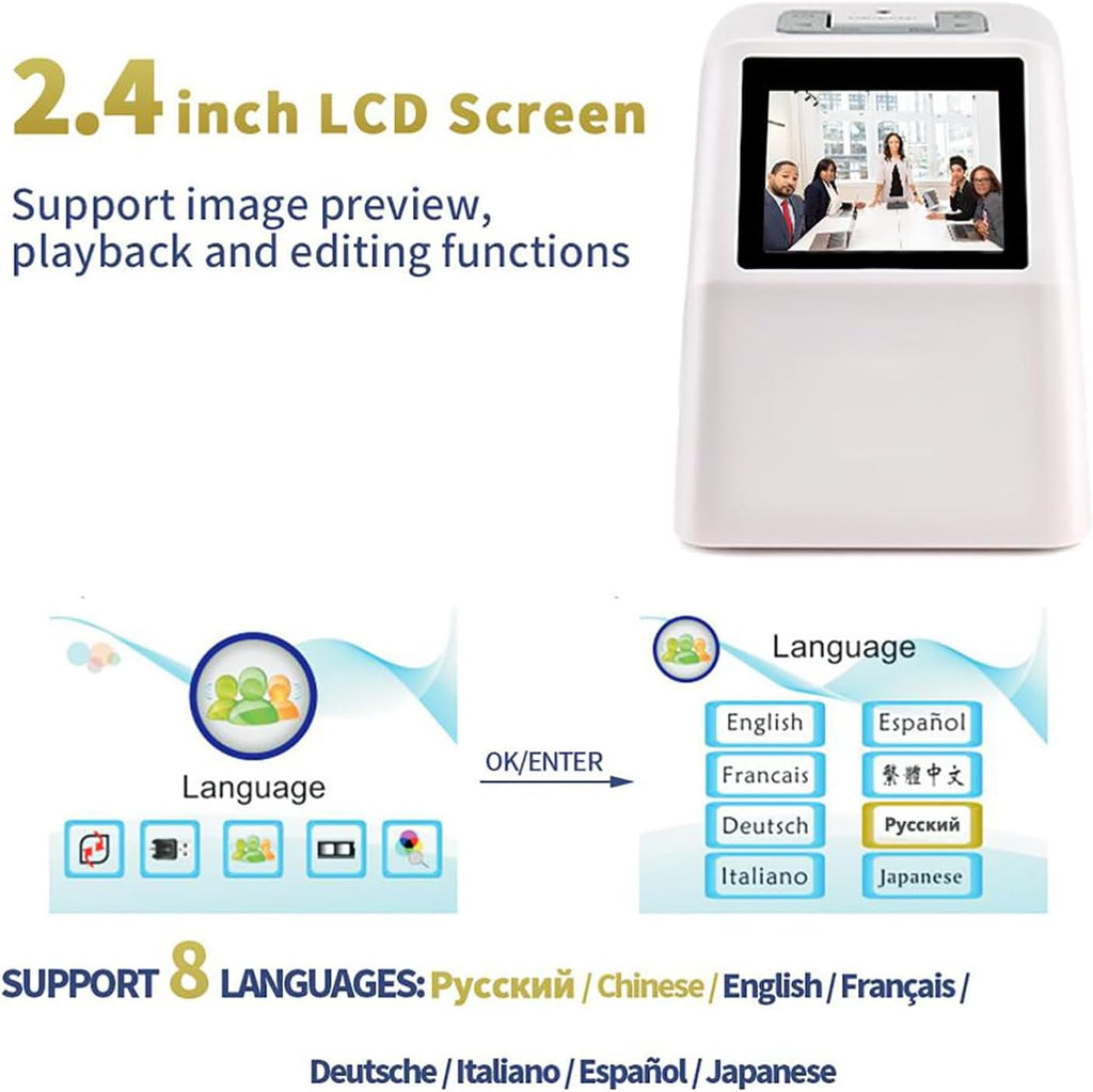 Film Scanner, Slide Negative Scanner with 2.4' LCD Screen and Built-in 128 Mb Memory, Converts 135mm, 126, 110, Super 8 Film Negatives Slides to 20 Megapixel JPEG Images, for Family