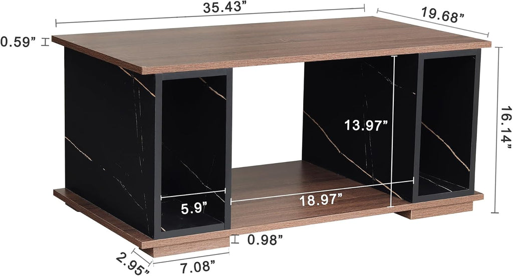 GIA Home Furniture 3 pcs Living Room Table Set, Including 1 Particle Board Coffee Table with Marble Vein Walnut & 2 End Tables with Charging Station, USB Ports, 2 Drawers & Open Shelves