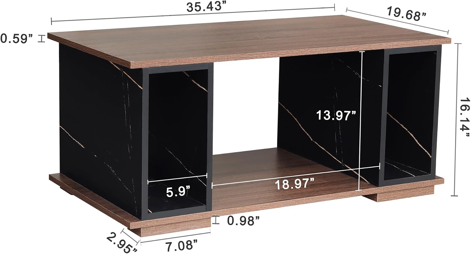 GIA Home Furniture 3 pcs Living Room Table Set, Including 1 Particle Board Coffee Table with Marble Vein Walnut & 2 End Tables with Charging Station, USB Ports, 2 Drawers & Open Shelves