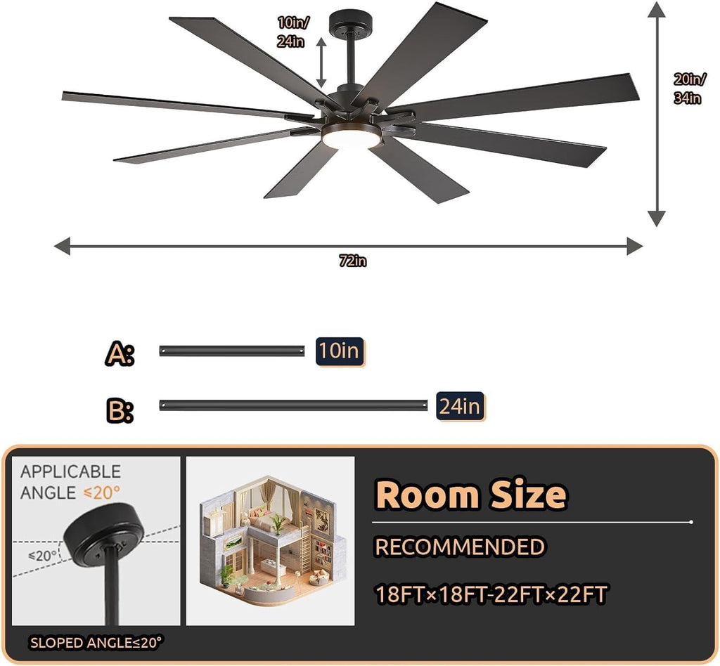 Modern Black Ceiling Fan with Light, 72 Inch Industrial Large Ceiling Fans with 8 Blade, Remote Control, Reversible DC Motor, Low Profile Indoor Outdoor Ceiling Fan for Office Exterior