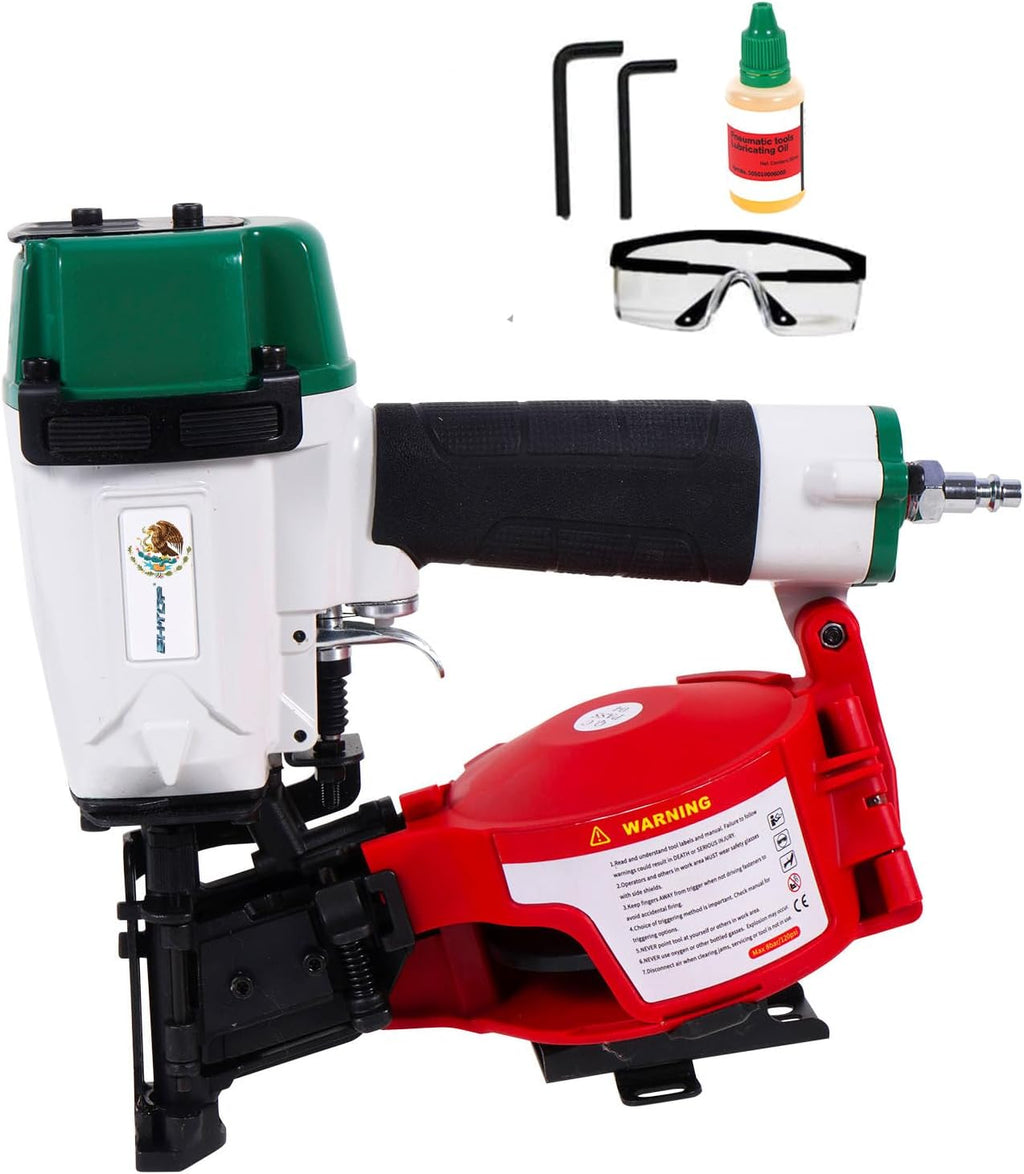 Mexican CN45N Roofing Nailer, 15 Degree Roofing Nail Gun, 3/4-Inch to 1-3/4-Inch Coil Nails, 120-pcs Load Capacity Coil Naile (Green/Red）
