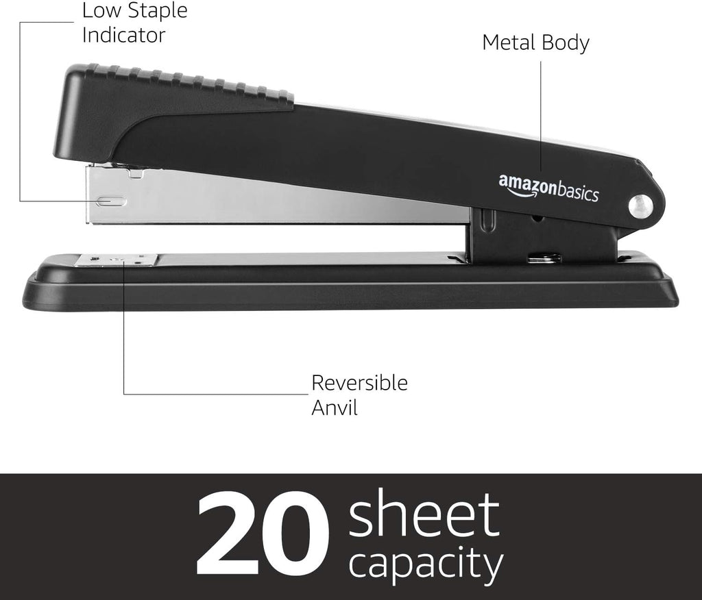 Amazon Basics Full-Strip Desktop Stapler, 20 Sheet Capacity, Non-Slip, Black, 12-Pack