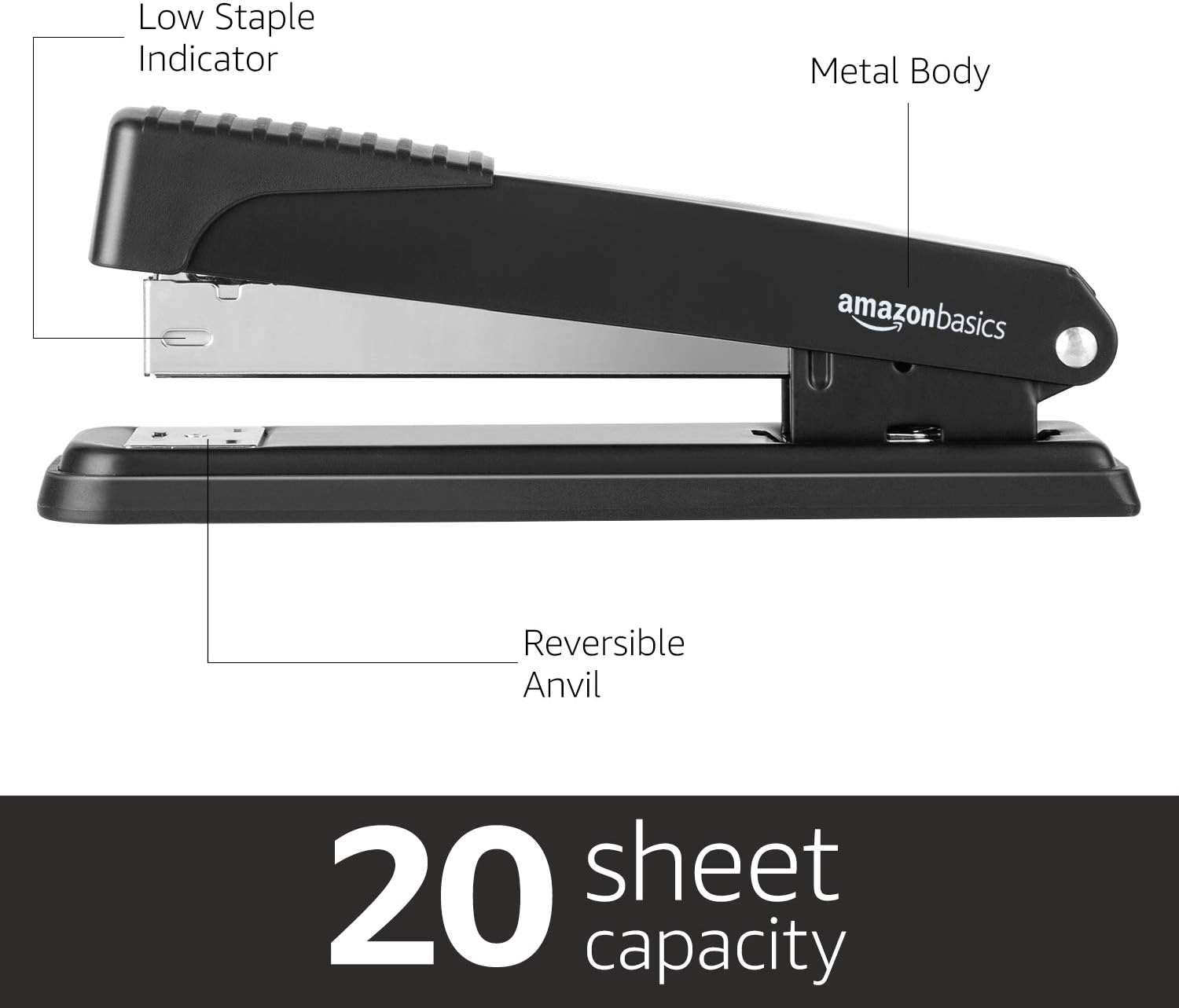 Amazon Basics Full-Strip Desktop Stapler, 20 Sheet Capacity, Non-Slip, Black, 12-Pack