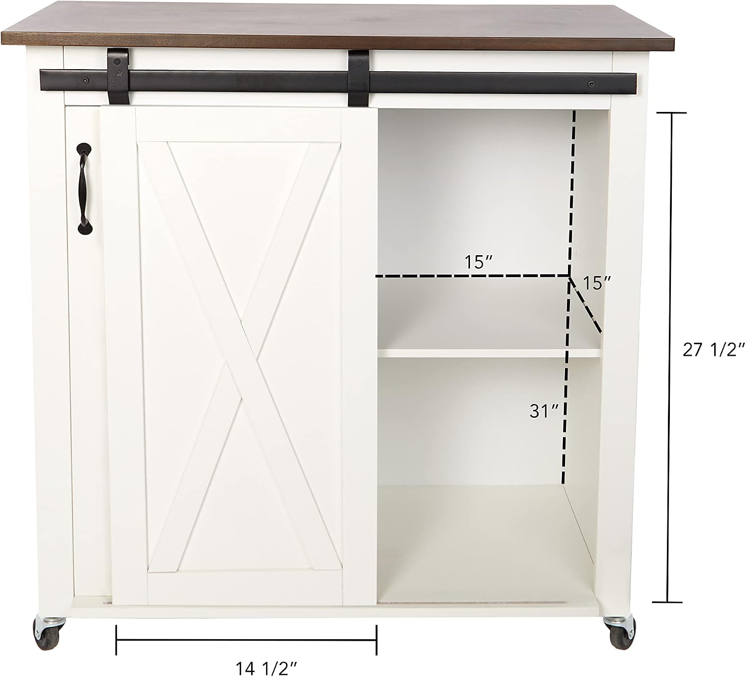 SEI Furniture - Leshire Barn-Door Kitchen Cart - White - Engineered Wood & Iron Metal - Farmhouse Design - Ideal for Kitchens, Kitchen Islands, Pantries, 35' W x 18' D x 35.75' H (KA1068834)