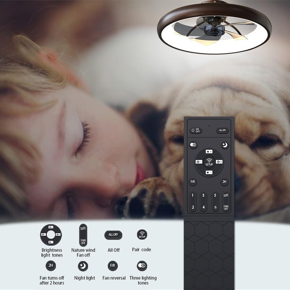 Ceiling Fan with Lights Dimmable LED Reversible Blades Timing with Remote Control, 5 Invisible Blades Semi Flush Mount Low Profile Fan (21.5in, Brown)