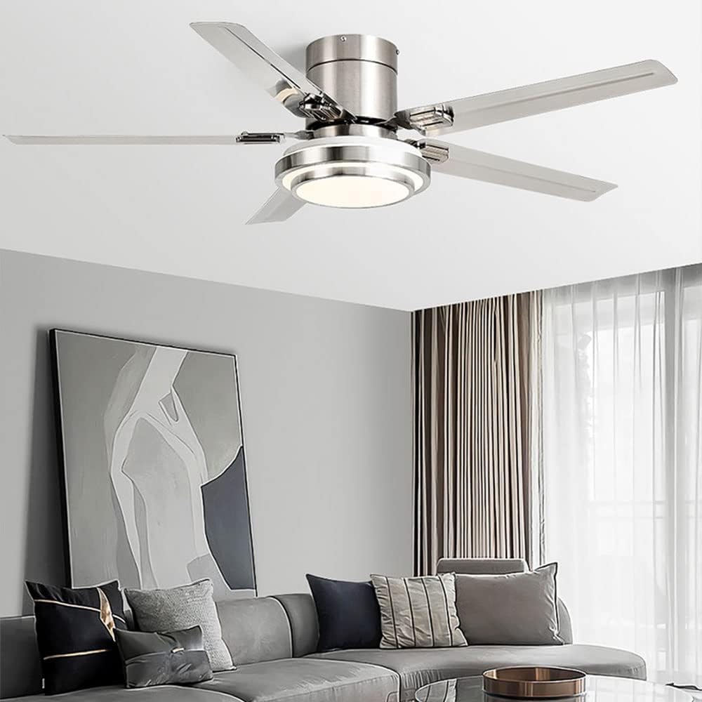Modern Large Stainless Steel Ceiling-Mounted Fan Light Indoor Lighting Low Profile 42 Inch Ceiling Fan Lamp 6-Speed Dimmable Outdoor Ceiling Fans for Restaurant Living Room Patios