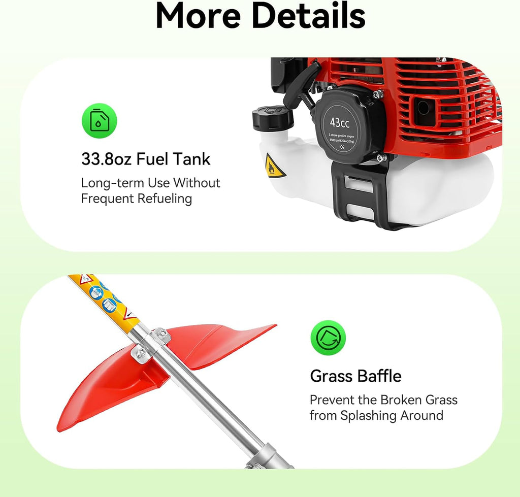 43CC Weed Wacker, 8500r/Min Weed Eater with 2 Blade Heads, Gasoline Power Brush Cutter, Lawn Edger, Single-Cylinder Air-Cooled 2-Stroke Gasoline Engine Grass Trimmer Tools for The Garden and Yard