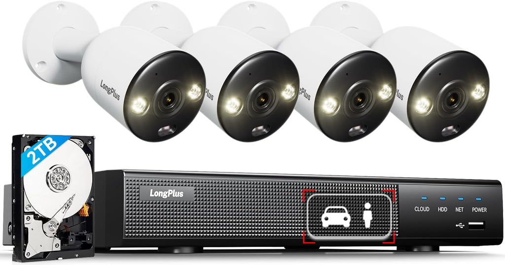 LongPlus Smart 4K 8CH Home Security Camera System, 4Pcs Wired PoE IP Cameras System Outdoor with Person/Vehicle Detection, 12MP 8CH NVR with 2TB HDD for 24-7 Recording, LP8ME84B1