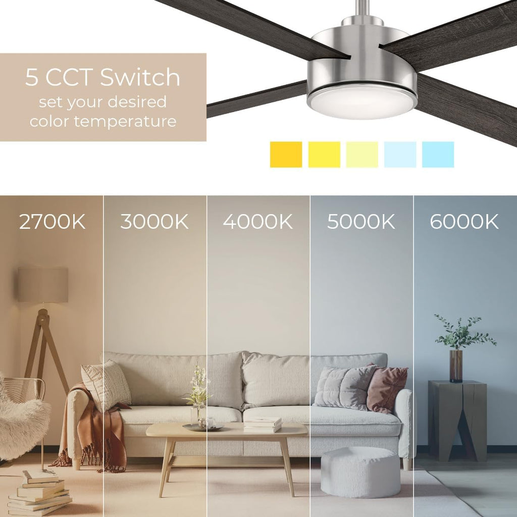 Santorini 4-Blade 52in Smart Indoor or Outdoor Ceiling Fan 2700K-6000K CCT Tunable Range LED Light Kit in Brushed Nickel with Reversible Black and Weathered Wood Blades Works With iOS or Android App