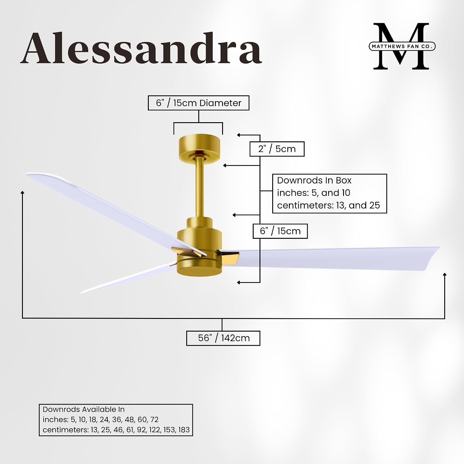 Matthews AK-BRBR-MWH-56 Alessandra Wet Rated 56' Outdoor Ceiling Fan without Light, Remote Included, Silent DC Motor, Brushed Brass with Matte White