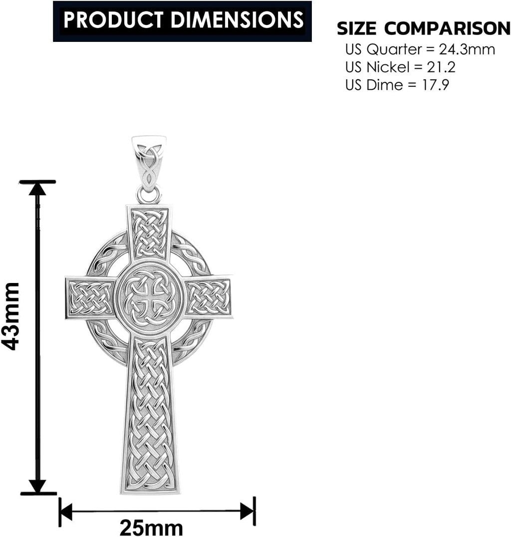 US Jewels Men's 925 Sterling Silver 43mm High Polished Irish Celtic Knot Cross Religious Pendant Necklace, 22in to 26in