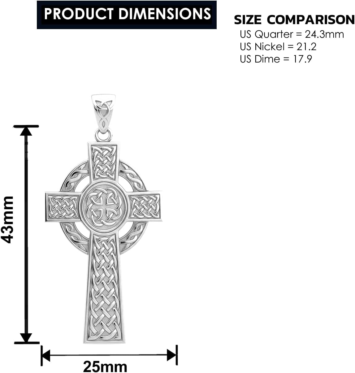 US Jewels Men's 925 Sterling Silver 43mm High Polished Irish Celtic Knot Cross Religious Pendant Necklace, 22in to 26in