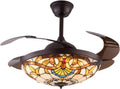 42' Tiffany Style Retractable Ceiling Fan Light Invisible Ceiling Fan Retro Stained Glass LED Dimmable Chandelier with Remote 3-Color Changes and 6-Speed for Home, Bar, Restaurant, Hotel, Cafe