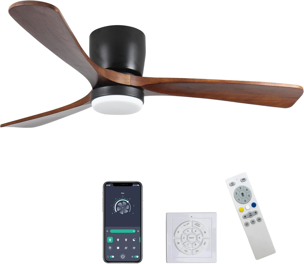 42 inch Black Wood Ceiling Fans with Lights and Remote, Flush Mount Low Profile Ceiling Fan with Light, 6 Speed, Reversible DC Motor, for Bedroom,Outdoor,Farmhouse,Patios