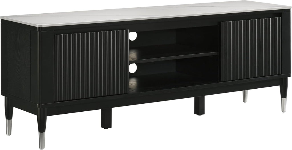 Furniture of America Miranda Modern Solid Wood 71-inch TV Stand with Sintered Stone Top, Reeded Front Panels, Open Shelf, Cable Management for Living Room, Black and White