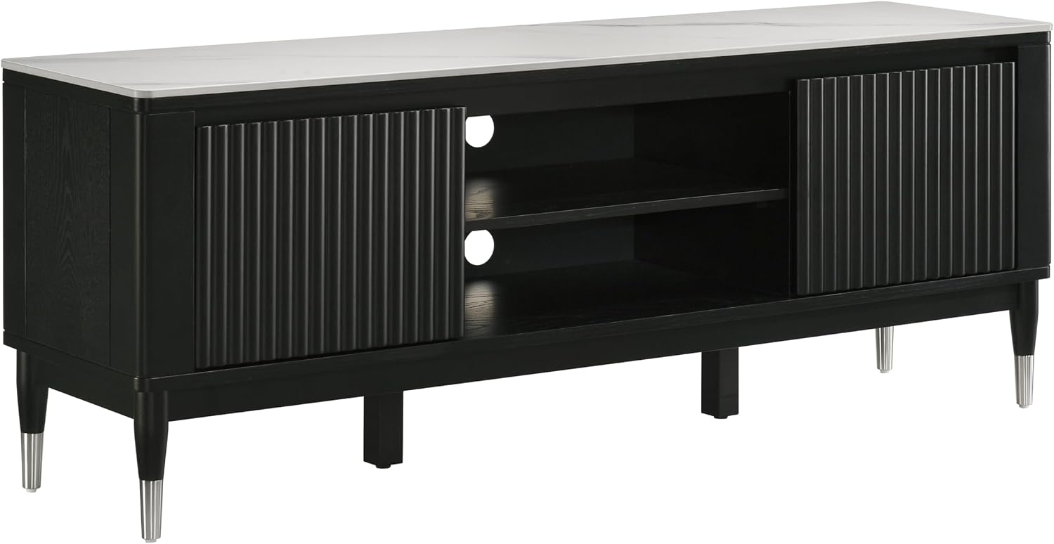 Furniture of America Miranda Modern Solid Wood 71-inch TV Stand with Sintered Stone Top, Reeded Front Panels, Open Shelf, Cable Management for Living Room, Black and White