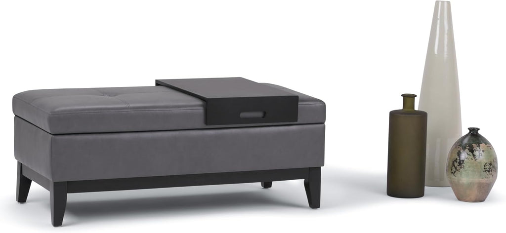 SIMPLIHOME Oregon Storage Ottoman Bench with Tray - 42 inch Wide Upholstered Vegan Leather Rectangle Storage Ottoman Bench in Stone Grey, Transitional Tufted Ottoman for Living Room with Lift-Up Lid