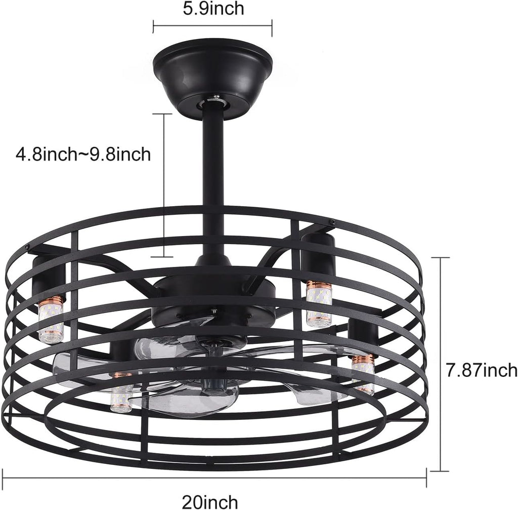 Industrial Ceiling Fan with Lights 20inch Enclosed Ceiling Fan Indoor w/Remote, Black Caged Retro Ceiling Fan Metal Bladeless Chandelier Fan Lighting for Living Dining Room Bedroom Kitchen