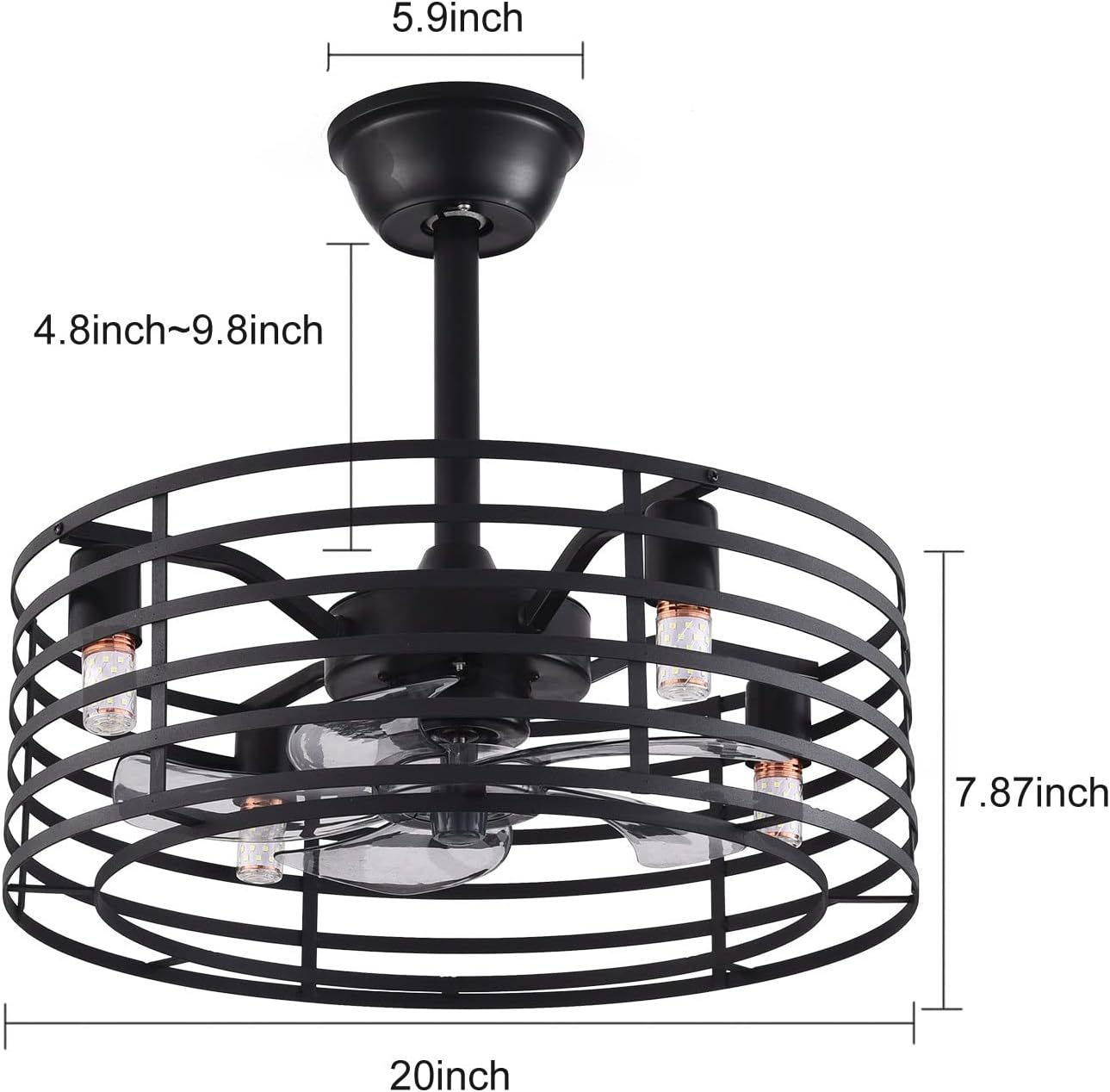 Industrial Ceiling Fan with Lights 20inch Enclosed Ceiling Fan Indoor w/Remote, Black Caged Retro Ceiling Fan Metal Bladeless Chandelier Fan Lighting for Living Dining Room Bedroom Kitchen