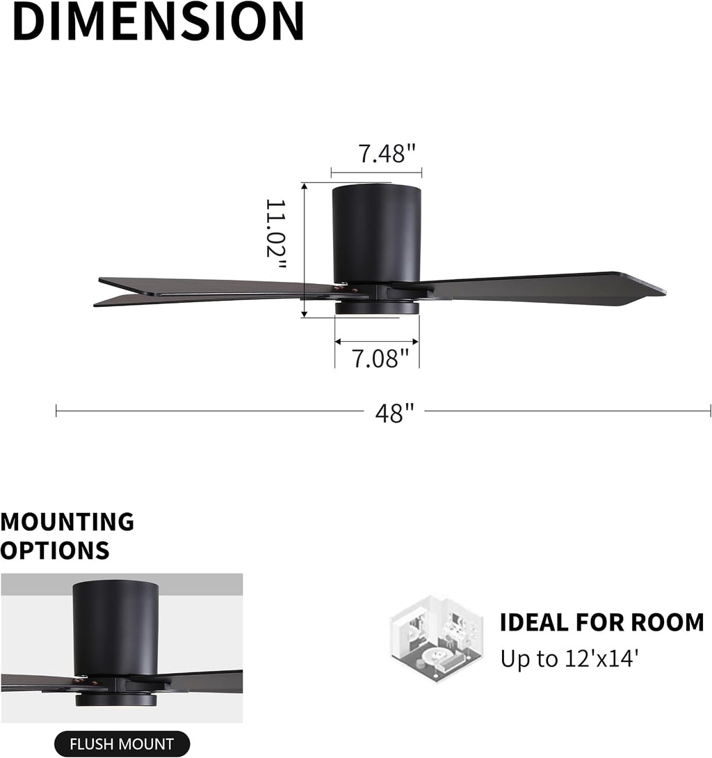 WINGBO 48' DC Flush Mount Ceiling Fan with Lights, 6-Speed Reversible DC Motor, 3CCT, Low Profile Hugger Ceiling Fan for Living Room Bedroom Kitchen, Black Finish and Black/Walnut Blades