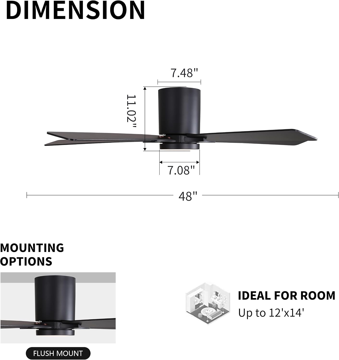 WINGBO 48' DC Flush Mount Ceiling Fan with Lights, 6-Speed Reversible DC Motor, 3CCT, Low Profile Hugger Ceiling Fan for Living Room Bedroom Kitchen, Black Finish and Black/Walnut Blades