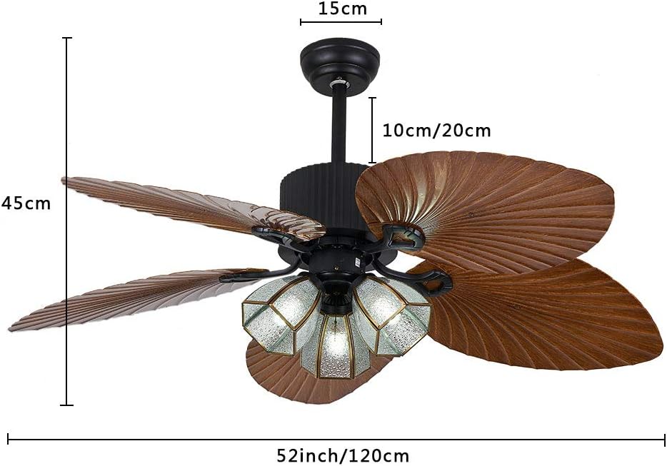 Tropical Ceiling Fan Outdoor Downrod Ceiling Fan with Sunset Bowl Light, Five Hand Carved Wooden Leaf Blades for Dining Bed Room Patio Porch (52Inch, 3Light)