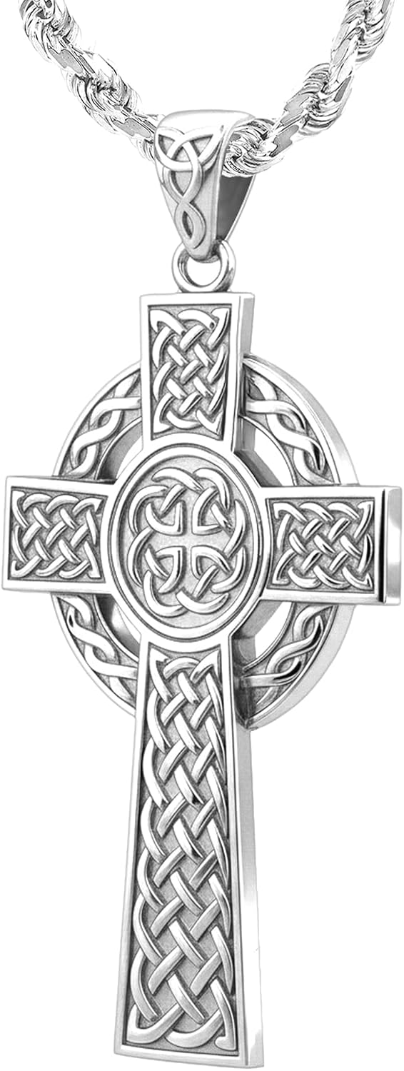 US Jewels Men's 925 Sterling Silver 43mm High Polished Irish Celtic Knot Cross Religious Pendant Necklace, 22in to 26in